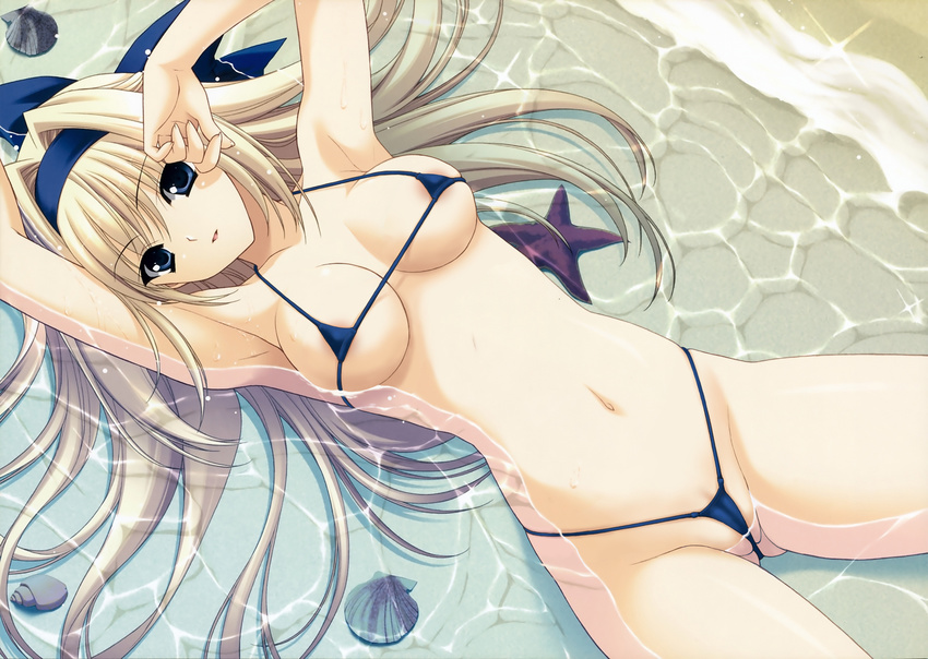 artist_request beach bikini blonde_hair blue_eyes cameltoe highres kanou_seia long_hair shell starfish swimsuit water