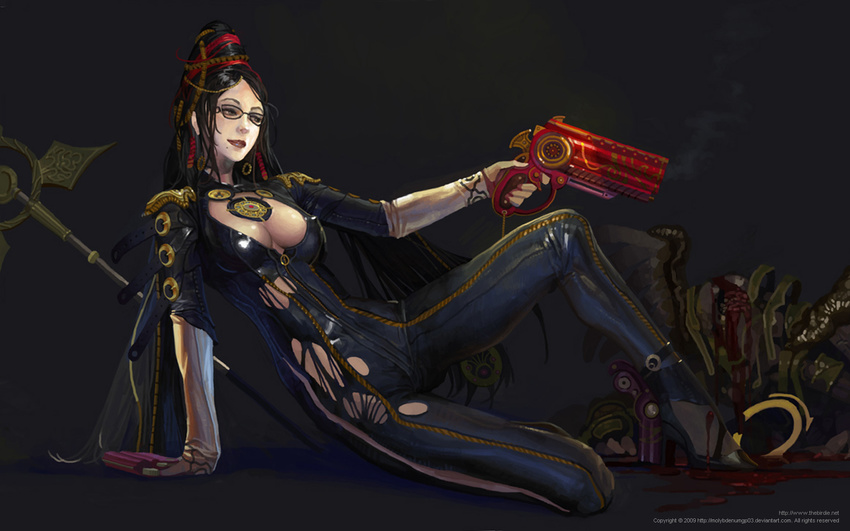 bayonetta bayonetta_(character) black_hair blood bodysuit glasses gun hair_bun highres long_hair mole monster torn_clothes weapon witch