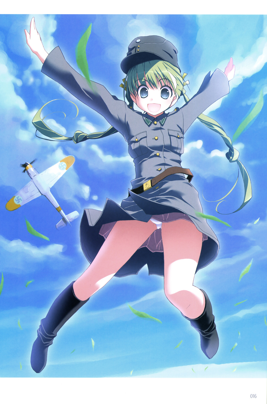 absurdres aircraft airplane akata_itsuki arms_up boots cloud copyright_request day finland green_eyes green_hair hair_ribbon hat highres jumping long_hair military military_uniform panties pantyshot ribbon skirt sky smile solo twintails underwear uniform upskirt white_panties