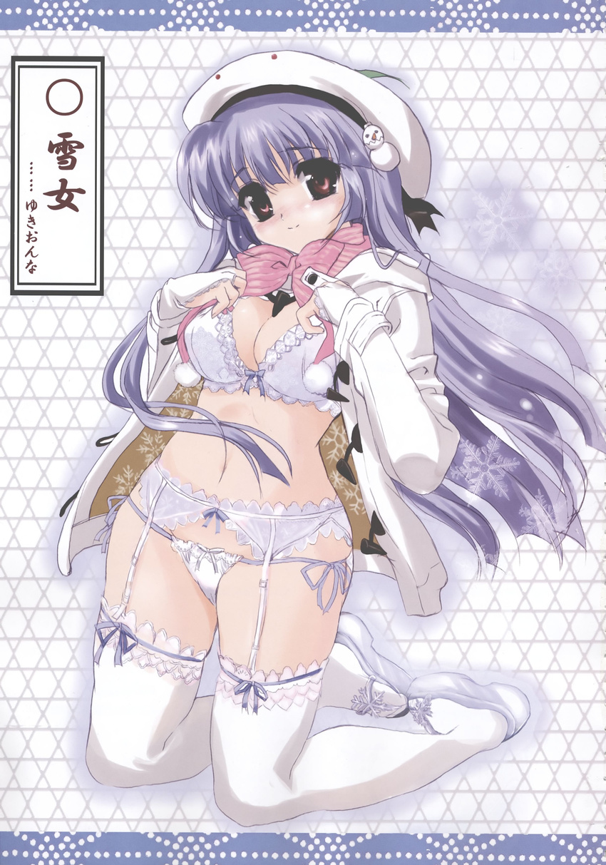absurdres bra breasts brown_eyes cleavage clog_sandals coat garter_belt hat highres jacket kneeling lace lace-trimmed_bra lace-trimmed_thighhighs large_breasts lingerie long_hair megami megami_creators navel open_clothes open_coat purple_hair scan shaa snowman_hair_ornament solo string_panties thighhighs toggles underwear white_legwear yuki_onna