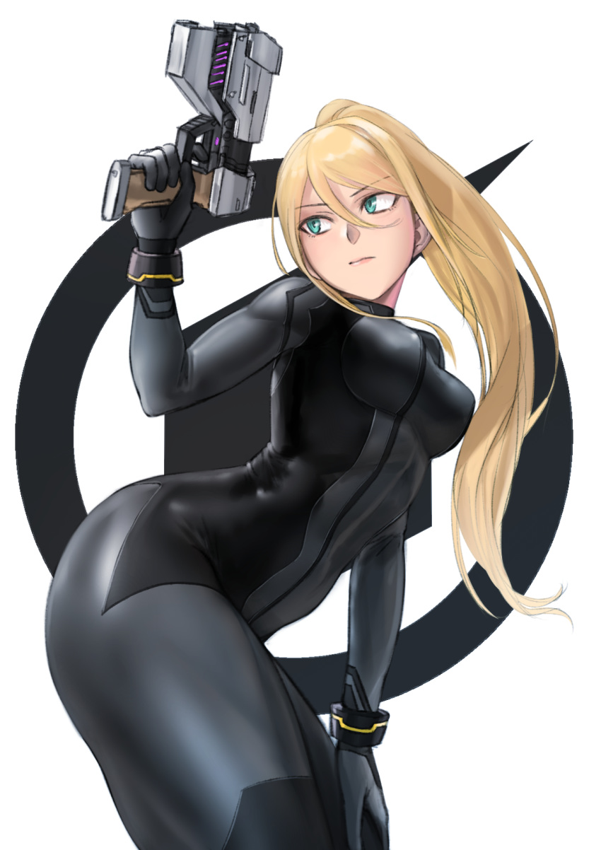 1girl aqua_eyes arched_back armband ass black_bodysuit blonde_hair bodysuit breasts commentary_request gun handgun highres kilye_4421 leaning_forward long_hair looking_to_the_side metroid nintendo ponytail samus_aran simple_background skin_tight solo super_smash_bros. super_smash_bros._ultimate thick_thighs thighs weapon white_background zero_suit