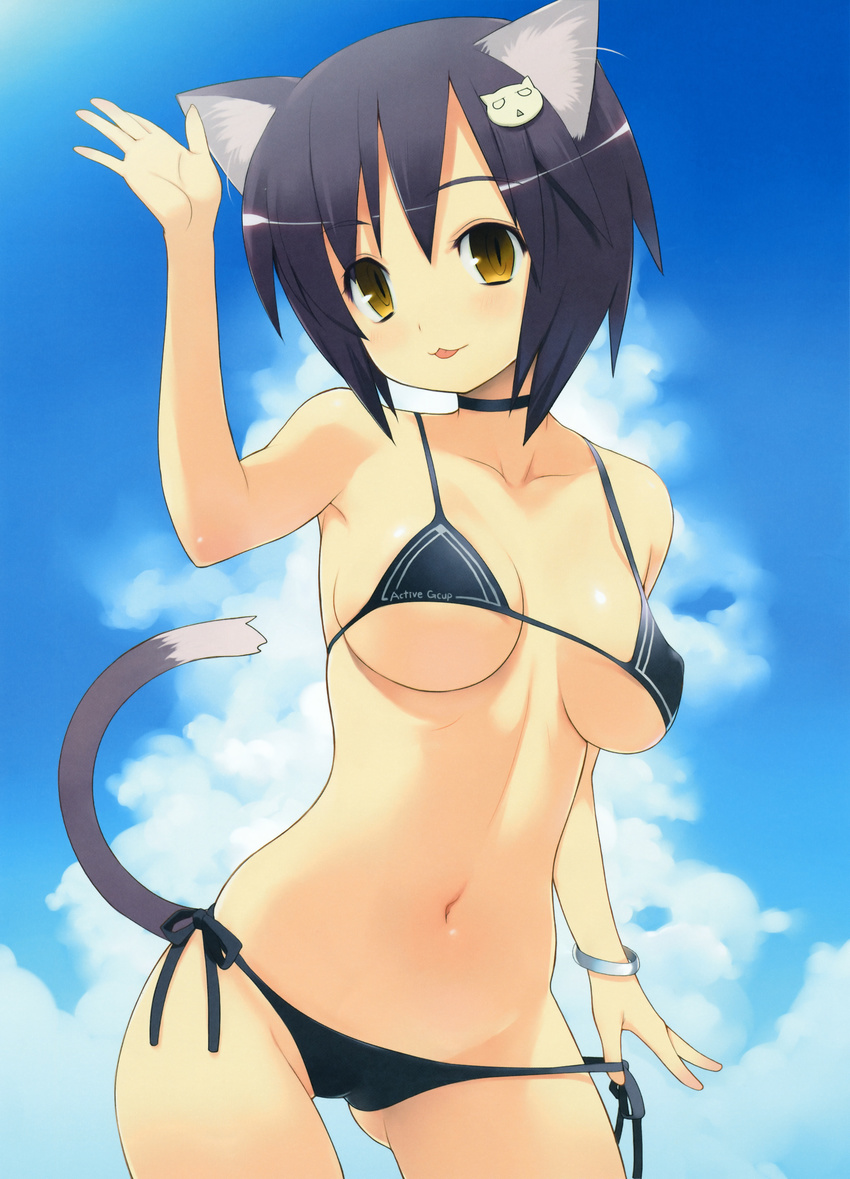 :3 :p absurdres animal_ears bikini bikini_pull black_hair blush bracelet breasts brown_eyes cameltoe cat_ears cat_tail choker cleavage copyright_request covered_nipples day highres jewelry large_breasts navel nora_higuma pulled_by_self short_hair side-tie_bikini slit_pupils solo swimsuit tail tongue tongue_out waving
