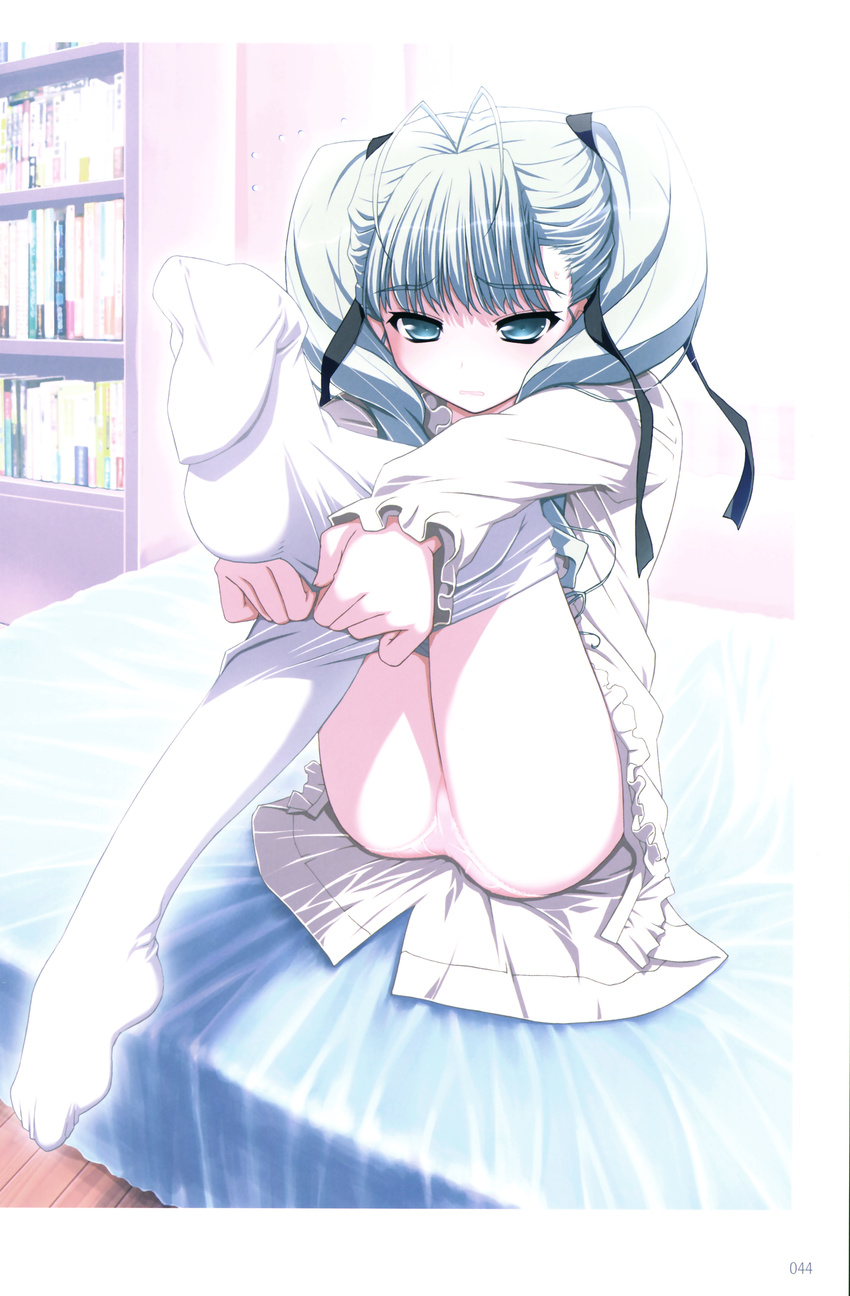 absurdres aino_pekonen akata_itsuki ass bed feet green_eyes green_hair hair_ribbon highres kokoro_navi long_hair panties pantyhose pantyhose_pull ribbon sitting solo twintails underwear undressing white_legwear white_panties