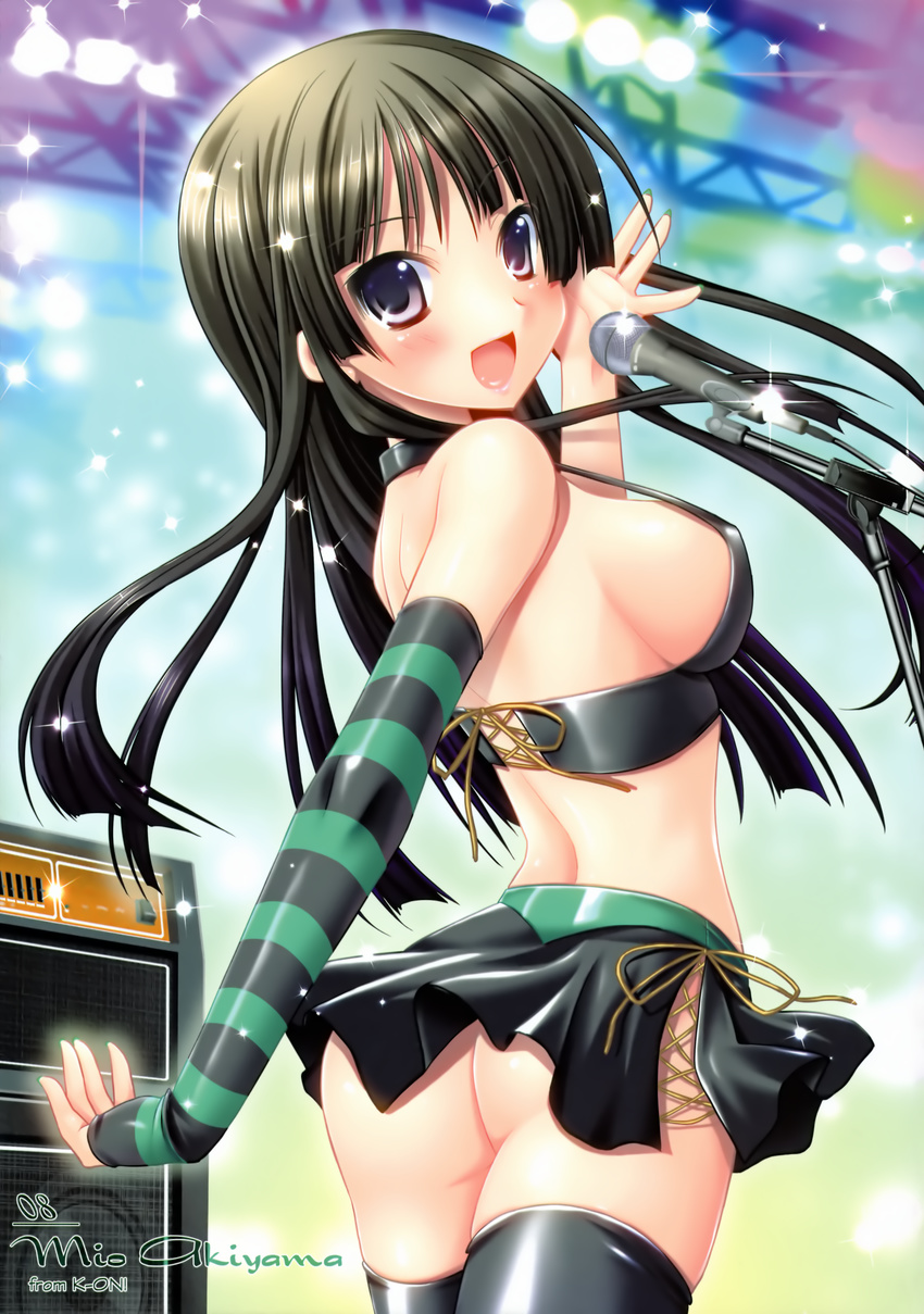 :d absurdres akiyama_mio alto_seneka amplifier ass bangs black_hair black_legwear blush breasts character_name copyright_name cowboy_shot detached_sleeves diffraction_spikes eyebrows_visible_through_hair from_behind green_nails highres idol k-on! long_hair looking_at_viewer looking_back medium_breasts microphone microphone_stand microskirt nail_polish no_panties open_mouth pink_eyes shiny shiny_skin sideboob skindentation skirt sleeves_past_wrists smile solo sparkle strap_gap striped striped_sleeves thighhighs twisted_torso