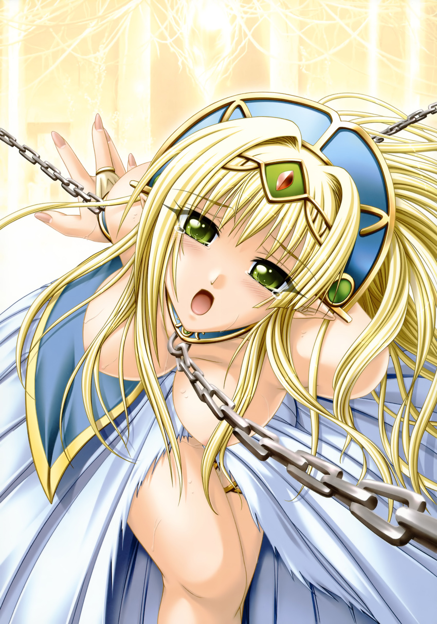 :o absurdres areolae arms_behind_back bdsm bent_over blonde_hair blush bondage bound breasts bridal_gauntlets censored chain chained circlet cleavage collar convenient_censoring cuffs elf fantasy fingernails floating_hair foreshortening gem green_eyes hair_censor hair_intakes hair_over_breasts hanging_breasts hat hatozuki_tsumiki highres large_breasts leaning leash long_fingernails long_hair long_skirt looking_at_viewer meishoku_no_reiki non-web_source official_art open_mouth pleated_skirt pointy_ears scan sidelocks silfietta_luashia skirt slave solo standing sweat tears topless torn_clothes