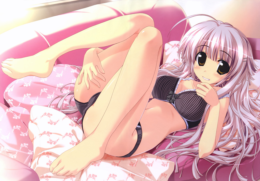 absurdres ahoge barefoot daikanyama_momoko feet grin hands highres legs lingerie long_hair oshiki_hitoshi pillow purple_hair smile solo suzunone_seven toenails underwear yellow_eyes