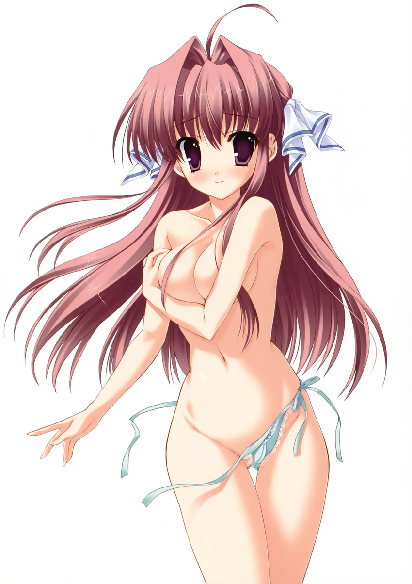 absurdres ahoge bow bow_panties breast_hold breasts clear covering covering_breasts green_panties hair_ribbon highres long_hair mitha panties purple_eyes red_hair ribbon side-tie_panties solo topless tsukimura_miki underwear underwear_only