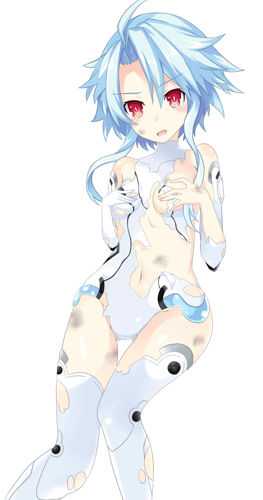 1girl absurdres bare_shoulders blue_hair blush breasts choujigen_action_neptune_u commentary_request covering covering_breasts elbow_gloves embarrassed gameplay_mechanics gloves groin hands_on_own_breasts hands_on_own_chest highres knee_up leotard looking_at_viewer navel neptune_(series) open_mouth power_symbol ramu-on@_shinon red_eyes short_hair_with_long_locks simple_background small_breasts solo symbol-shaped_pupils tears thighs torn_clothes torn_gloves torn_legwear torn_leotard white_background white_gloves white_heart white_legwear white_leotard