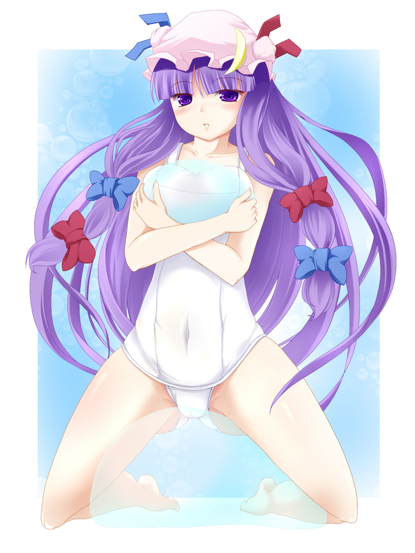 barefoot between_thighs bow breast_press breasts bubble cameltoe covered_navel hair_bow hat highres kneeling large_breasts long_hair navel negamaro one-piece_swimsuit patchouli_knowledge purple_eyes purple_hair school_swimsuit solo swimsuit touhou transparent very_long_hair white_school_swimsuit white_swimsuit