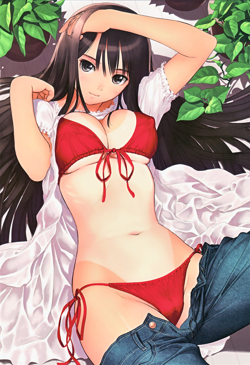 absurdres bikini black_hair breasts brown_eyes brown_hair cameltoe cleavage covered_nipples denim front-tie_top grey_eyes highres jeans large_breasts long_hair lying one-piece_tan open_clothes original pants side-tie_bikini solo string_bikini swimsuit tan tanaka_takayuki tanline underboob