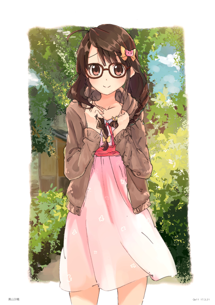 1girl blush braid brown_eyes brown_hair freckles glasses hair_ornament highres hood hooded_jacket idolmaster idolmaster_cinderella_girls jacket looking_at_viewer okuyama_saori smile twin_braids