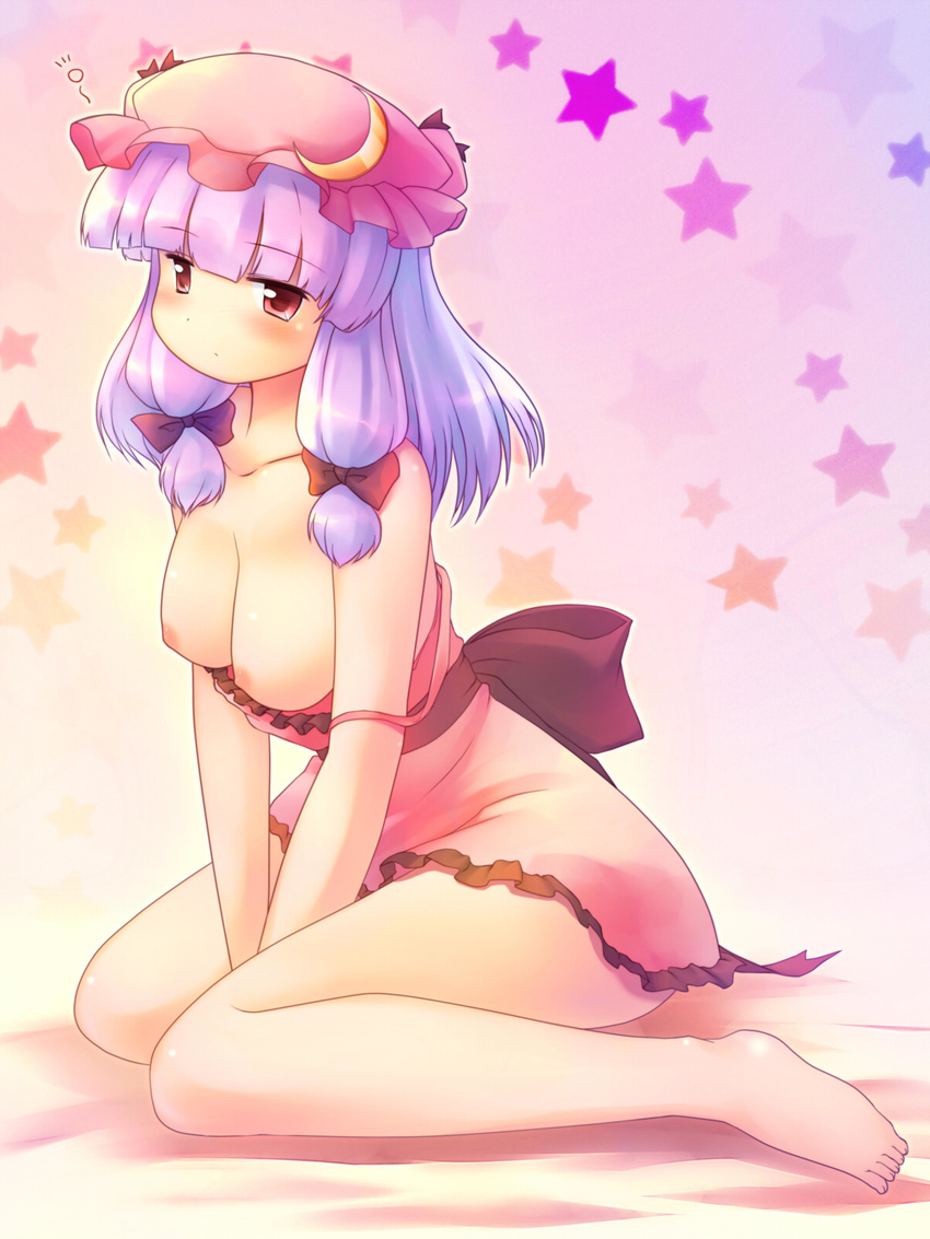 barefoot blush breasts crescent hat highres large_breasts nipples patchouli_knowledge purple_hair solo strap_slip tdk touhou