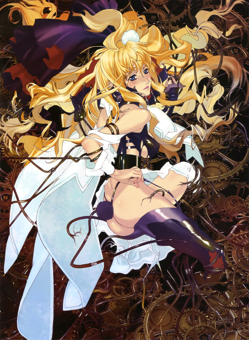 absurdres ass blonde_hair blue_eyes breasts cable earrings ebata_risa gears highres jewelry long_hair macross macross_frontier macross_frontier:_itsuwari_no_utahime medium_breasts official_art sheryl_nome solo