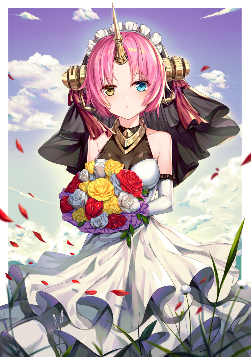1girl :o bangs blue_eyes blue_sky blush bouquet breasts brown_eyes btraphen cloud cloudy_sky collarbone commentary_request day dress elbow_gloves fate/grand_order fate_(series) flower frankenstein's_monster_(fate) gloves highres holding holding_bouquet horn looking_at_viewer medium_breasts parted_bangs parted_lips petals pink_hair red_flower red_rose rose sky sleeveless sleeveless_dress solo veil white_dress white_flower white_gloves white_rose yellow_flower yellow_rose