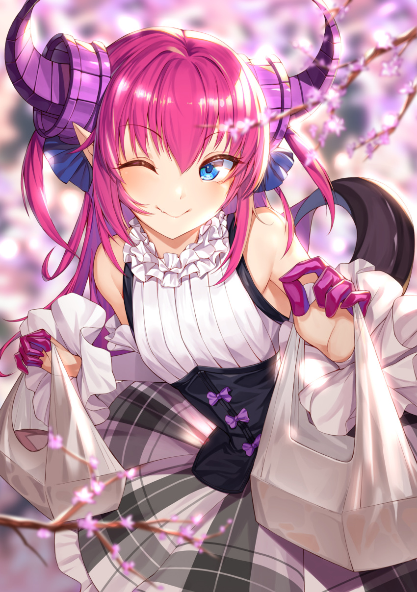 1girl asymmetrical_horns bag bangs blouse blue_eyes blurry blurry_background blush breasts btraphen casual closed_mouth curled_horns day detached_sleeves dragon_girl dragon_horns dragon_tail dress elizabeth_bathory_(fate) elizabeth_bathory_(fate)_(all) eyebrows_visible_through_hair fang_out fate/extra fate/extra_ccc fate/grand_order fate_(series) finger_gloves highres holding holding_bag horns long_hair looking_at_viewer one_eye_closed outdoors pink_hair pointy_ears ribbon sidelocks sleeveless_blouse small_breasts smile solo tail two_side_up