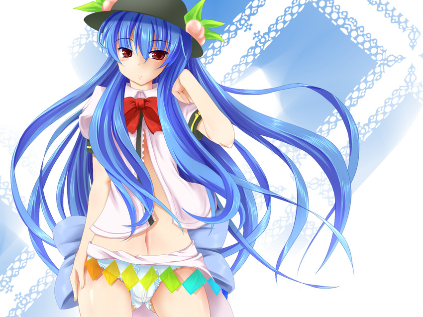 blue_hair bow bowtie food fruit hat hinanawi_tenshi long_hair midriff navel negamaro open_clothes open_shirt panties peach red_eyes ribbon shirt solo touhou underwear white_panties