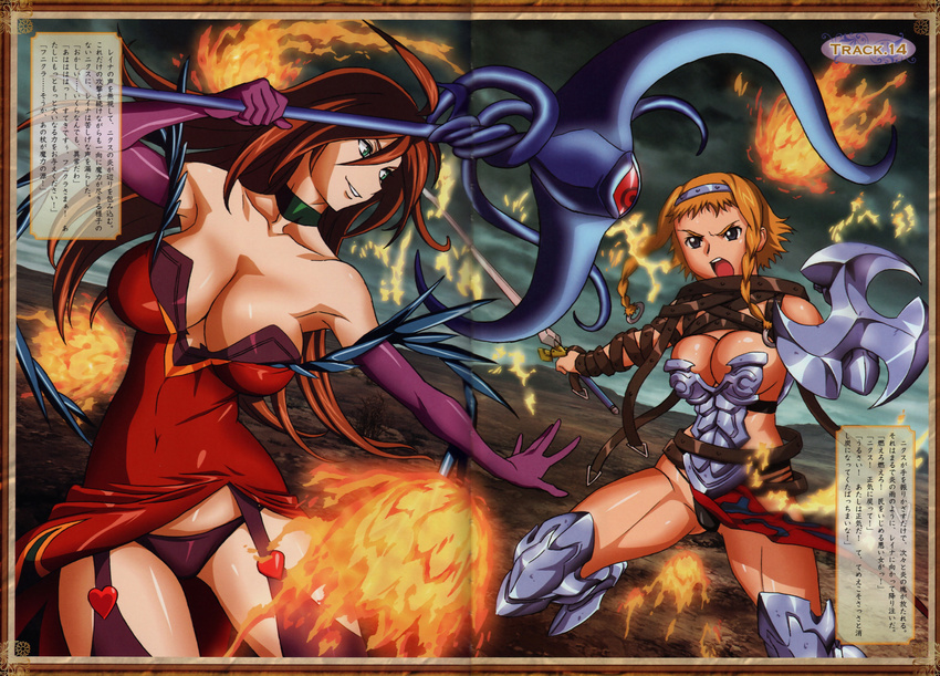 absurdres armpits bare_shoulders battle belt blue_eyes braid breasts brown_hair choker cleavage duel elbow_gloves fire garter_belt gloves green_eyes highres huge_breasts kaneko_hiraku large_breasts leina multiple_girls muscle navel nyx open_mouth queen's_blade shield staff sword tentacles thighhighs thighs twin_braids twintails weapon