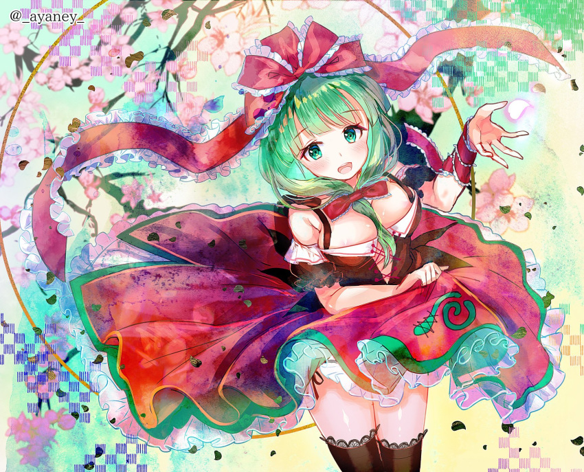 1girl adapted_costume alternate_costume ayane_yui bare_shoulders blush boots bow breasts commentary cowboy_shot dress frills front_ponytail green_eyes green_hair hair_between_breasts hair_bow hair_ribbon highres kagiyama_hina large_breasts long_hair looking_at_viewer open_mouth red_bow red_dress red_ribbon ribbon skirt skirt_lift smile solo spinning thigh_boots thighhighs thighs touhou twitter_username