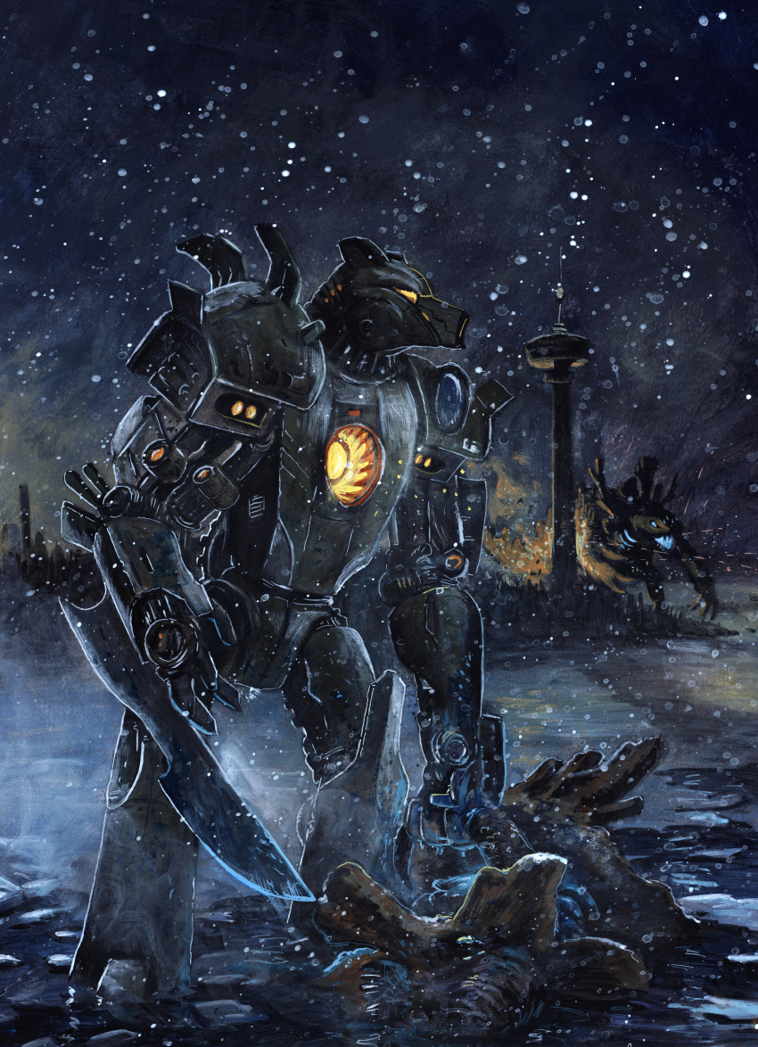 absurd_res biped canid detailed_background hi_res machine mammal metallic_body monster robot snow standing tower traditional_media_(artwork) tuomas_koivurinne water yellow_eyes