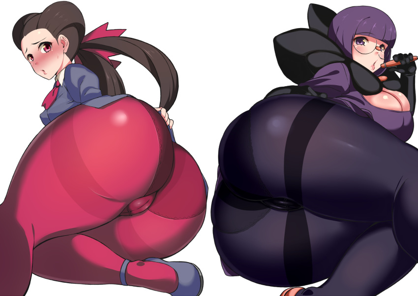 2girls ass blush breasts brown_hair cameltoe creatures_(company) dress elite_four eyebrows_visible_through_hair forehead from_behind game_freak glasses gusset gym_leader hair_pulled_back highres huge_ass komusou_(jinrikisha) large_breasts lips long_hair looking_at_viewer looking_back multiple_girls nintendo panties panties_under_pantyhose pantyhose parted_lips pen pink_legwear pokemon pokemon_(game) pokemon_bw2 pokemon_rse purple_eyes purple_hair purple_legwear red_eyes shikimi_(pokemon) shiny shiny_hair shiny_skin short_hair simple_background solo tsutsuji_(pokemon) twintails underwear white_background