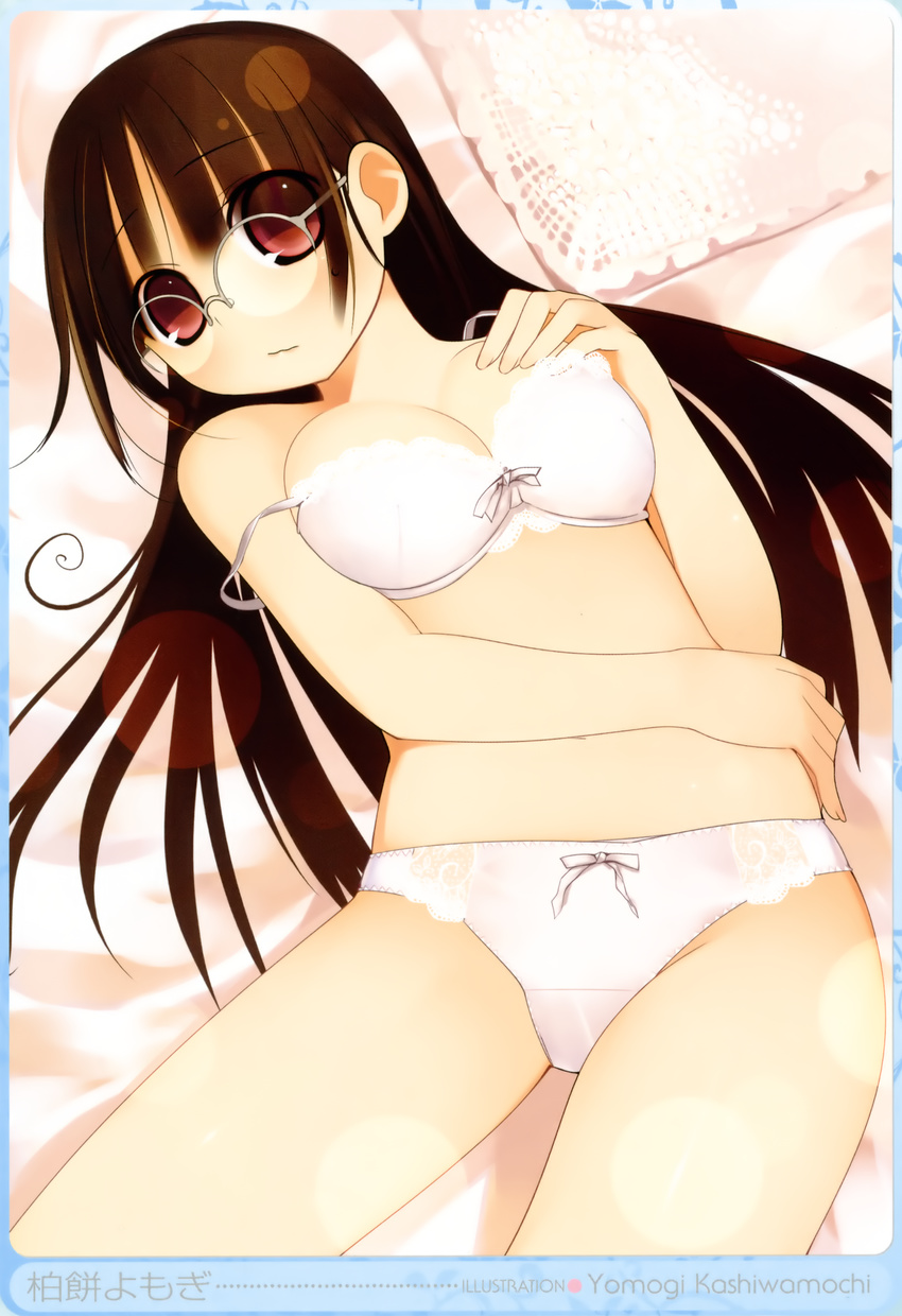 absurdres arima_senne bow bow_bra bow_panties bra breasts brown_hair cleavage dengeki_moeou glasses highres kashiwamochi_yomogi lingerie long_hair medium_breasts non-web_source original panties red_eyes solo underwear underwear_only white_bra white_panties