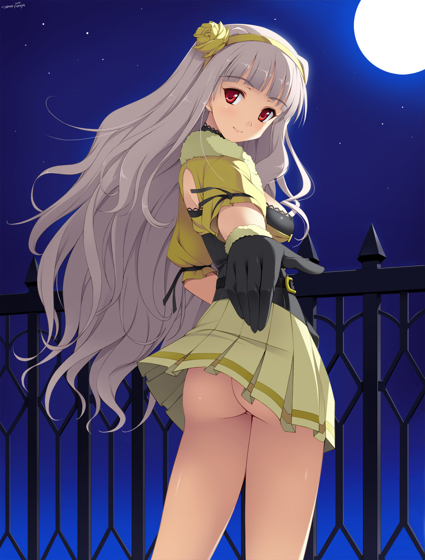 ass bad_id bad_pixiv_id bangs beckoning belt beyond_the_nobles blunt_bangs cygnus_(cygnus7) fence foreshortening from_behind full_moon gloves hairband hands highres idolmaster idolmaster_(classic) long_hair looking_back moon night no_panties outstretched_arm outstretched_hand reaching red_eyes shijou_takane silver_hair smile solo upskirt very_long_hair