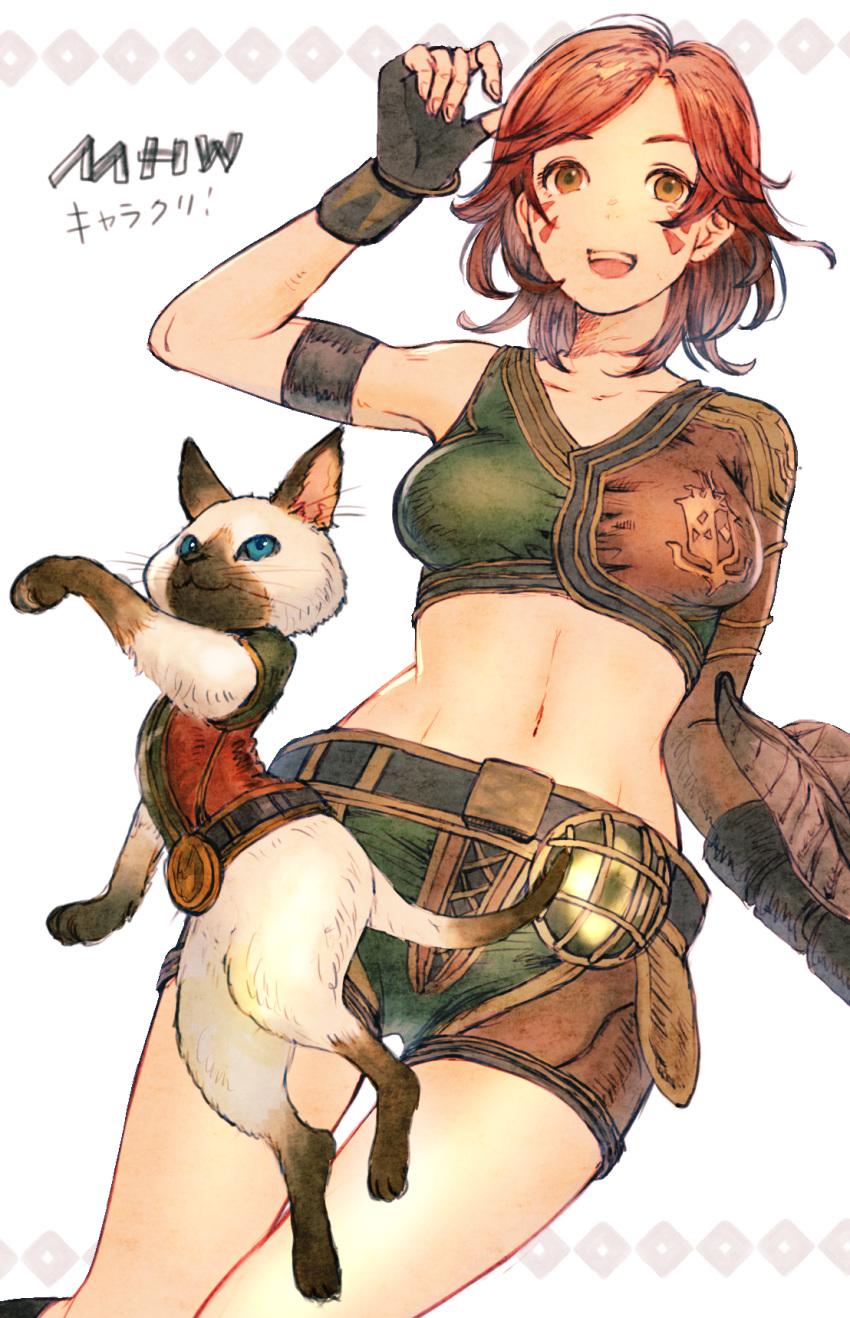 1girl :d animal armband black_gloves breasts cat clothed_animal copyright_name cross-laced_clothes facial_mark felyne fingerless_gloves fingernails gloves hand_up highres kuroimori looking_at_viewer medium_breasts monster_hunter monster_hunter:_world navel open_mouth orange_eyes red_hair short_hair shorts siamese_cat simple_background single_bare_shoulder single_sleeve smile teeth white_background