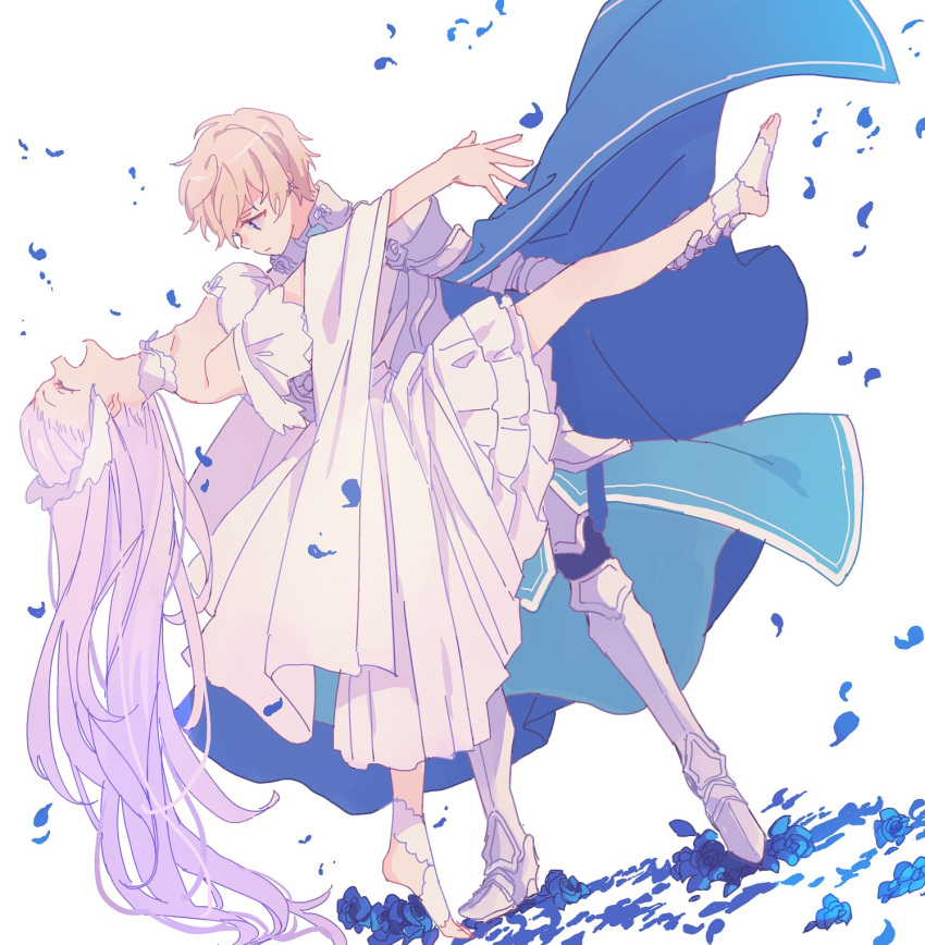 1boy 1girl armor armored_boots bcoca blonde_hair blue_cape blue_eyes blue_flower blue_petals blue_rose boots breasts cape closed_mouth collarbone commentary_request dancing dress eugeo eyes_closed flower hair_ornament hand_on_hip highres knight lavender_hair long_hair medium_breasts open_mouth petals quinella rose short_hair simple_background smile sword_art_online sword_art_online_alicization white_background white_dress