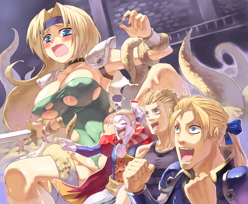 3boys bad_id bad_pixiv_id blonde_hair blue_eyes blush bracelet breasts cefca_palazzo celes_chere censored convenient_censoring edgar_roni_figaro final_fantasy final_fantasy_vi gaijin_4koma green_leotard headband highres jewelry large_breasts leotard mash_rene_figaro multiple_boys open_mouth shoulder_pads sword takeda_kanryuusai tentacles torn_clothes wavy_mouth weapon