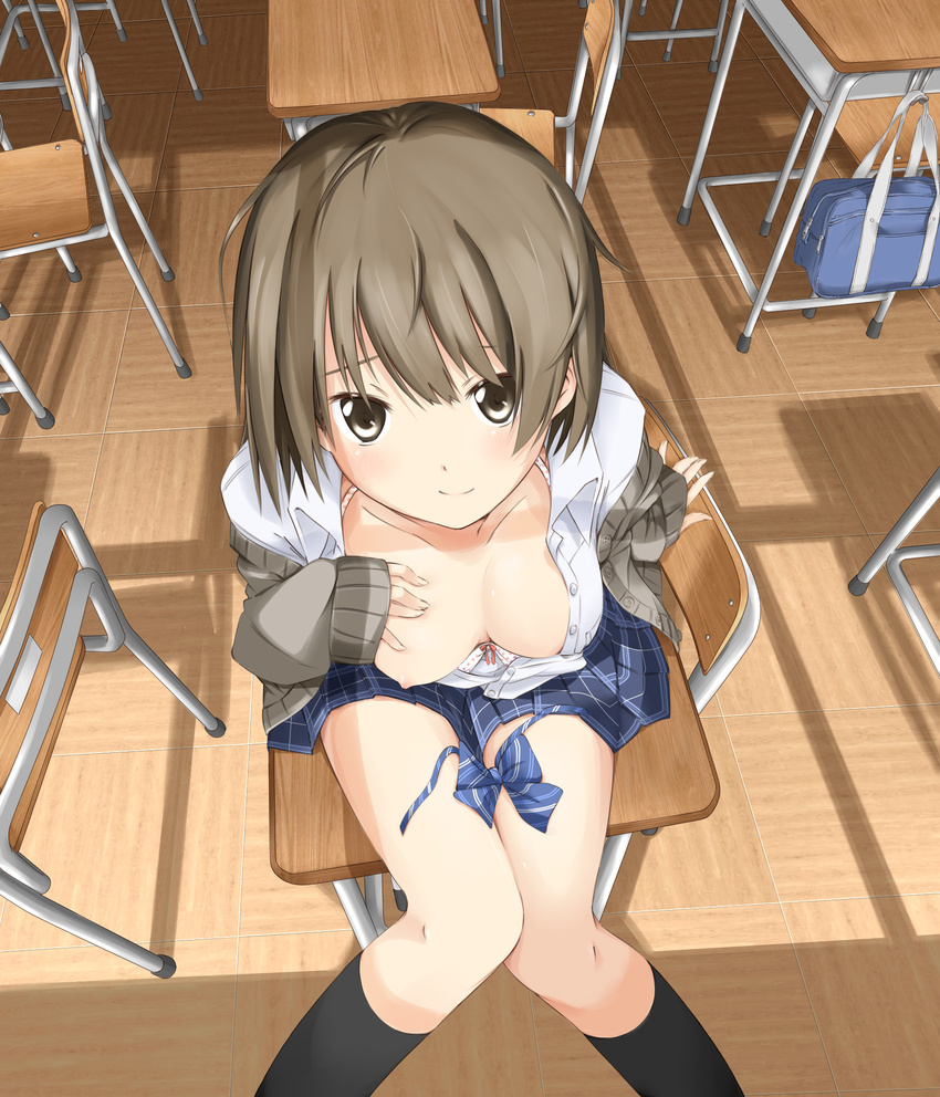 bad_id bad_pixiv_id bag bangs black_legwear bow bra bra_pull breasts brown_eyes brown_hair classroom collared_shirt desk downblouse from_above hand_on_own_chest highres indoors kneehighs lingerie long_sleeves looking_at_viewer looking_up medium_breasts mousou_(mousou_temporary) nipple_slip nipples on_desk one_breast_out open_clothes open_shirt original pleated_skirt school_bag school_desk school_uniform shirt short_hair sitting skirt sleeves_past_wrists smile socks solo table underwear