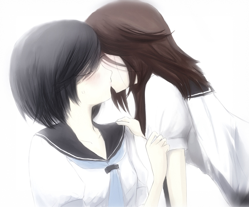 ai_(xieezhilan) black_hair brown_hair closed_eyes couple girl_friends_(manga) highres kiss kumakura_mariko multiple_girls oohashi_akiko school_uniform tears yuri