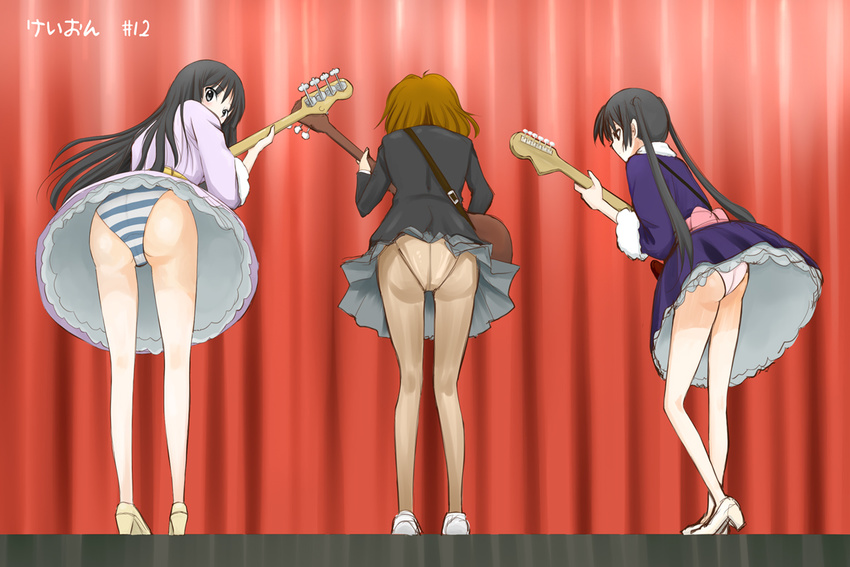 akiyama_mio ass bass_guitar black_hair brown_hair hirasawa_yui instrument k-on! legs multiple_girls nakano_azusa niwatori_kokezou panties panties_under_pantyhose pantyhose pink_panties short_hair striped striped_panties twintails underwear