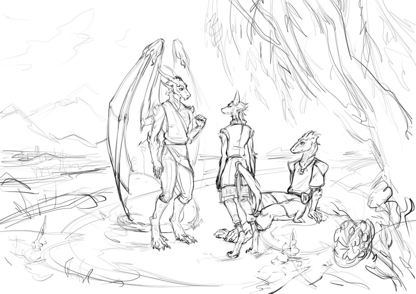 anthro barefoot black_and_white canid canine clothed clothing digitigrade dragon group lizard male mammal membranous_wings monochrome mountain reptile scalie sitting standing tree wings wooy