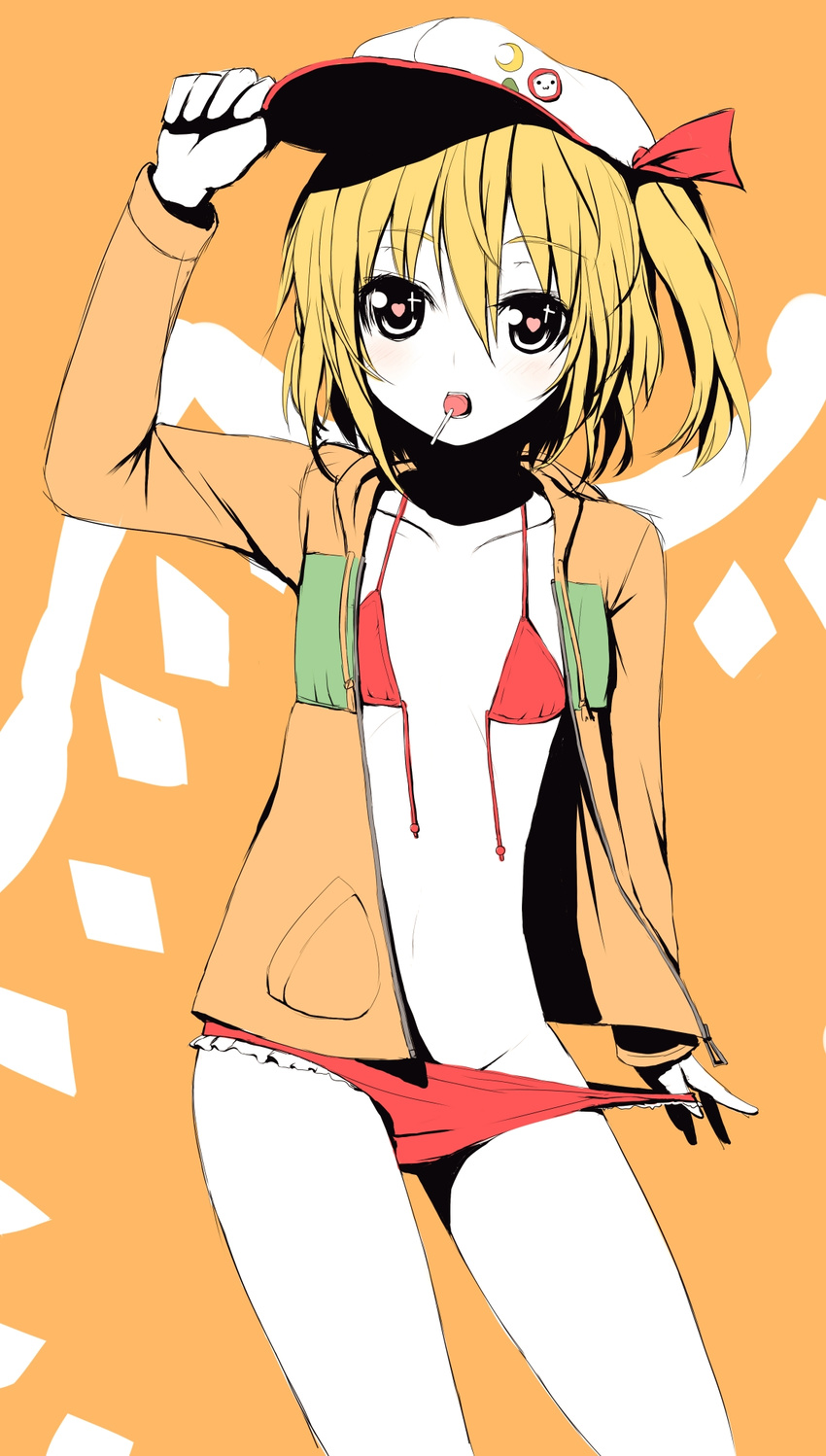 badge bikini bikini_bottom blonde_hair button_badge candy flandre_scarlet flat_chest food front-tie_top hat heart heart-shaped_pupils highres hiraga_matsuri hood hoodie jacket jacket_over_swimsuit lollipop mouth_hold one_side_up ponytail red_bikini short_hair solo swimsuit symbol-shaped_pupils touhou undressing untied untied_bikini white_skin