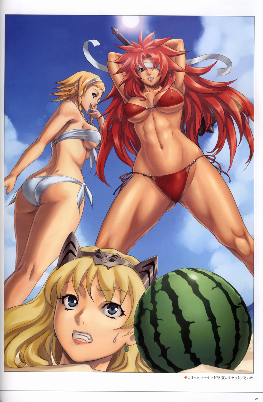 abs absurdres ass bikini blonde_hair blue_eyes braid breasts cleavage clenched_teeth day eiwa elina food fruit grin hairband headband highres large_breasts leina long_hair mace multiple_girls muscle purple_eyes queen's_blade red_hair risty sand short_hair side-tie_bikini smile sweat swimsuit teeth toned twin_braids twintails underboob watermelon weapon worried