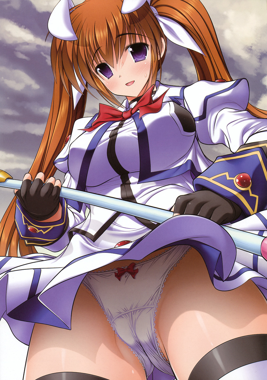 black_legwear blouse blue_eyes blush bow bow_panties brown_hair cameltoe fingerless_gloves from_below gloves hair_ribbon highres lace lace-trimmed_panties long_hair lyrical_nanoha mahou_shoujo_lyrical_nanoha_strikers miniskirt panties pantyshot pantyshot_(standing) purple_eyes raidon raising_heart ribbon skirt solo standing takamachi_nanoha thighhighs twintails underwear uniform upskirt white_panties