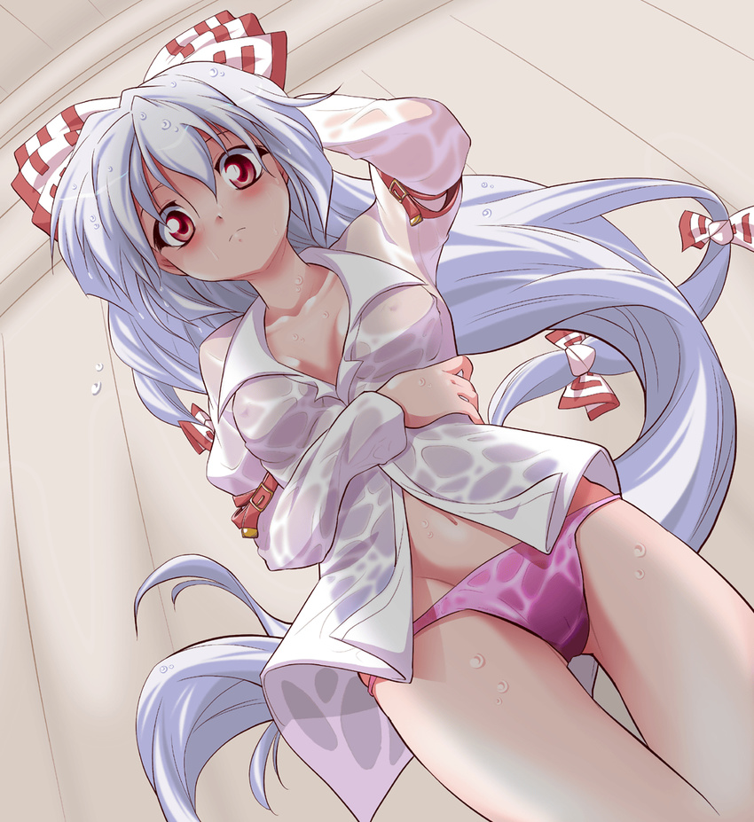 belt blush bow dress_shirt from_below fujiwara_no_mokou hachi_(chihagura) hair_bow hand_on_own_head highres long_hair looking_down navel no_pants open_clothes panties pink_panties red_eyes shirt silver_hair solo touhou underwear very_long_hair wet wet_clothes white_shirt