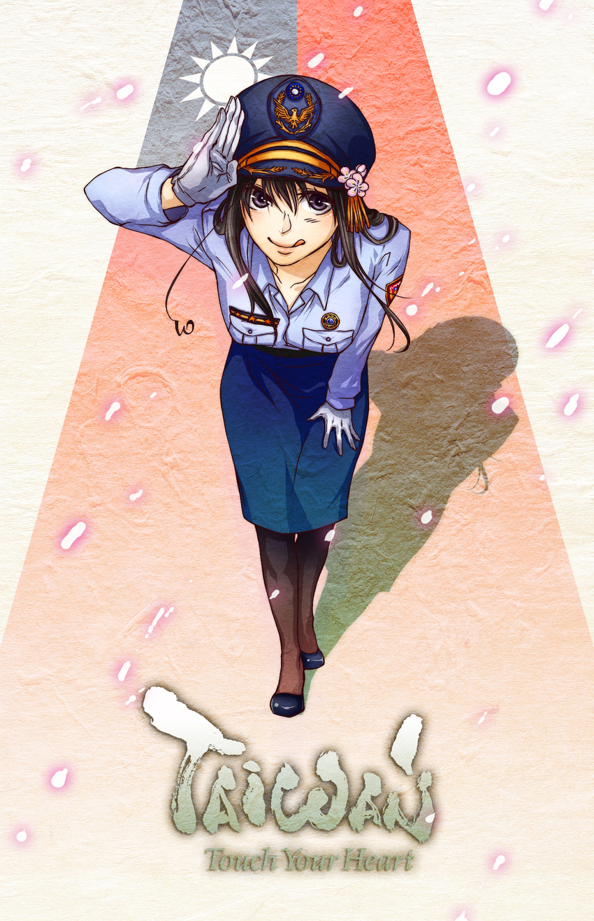 :p ahoge alternate_costume axis_powers_hetalia bangs black_eyes black_hair flag flower foreshortening gloves hat highres long_hair pantyhose peaked_cap pencil_skirt perspective petals plum_blossoms police police_uniform policewoman ruby20516 salute skirt smile solo taiwan taiwan_(hetalia) tongue tongue_out uniform