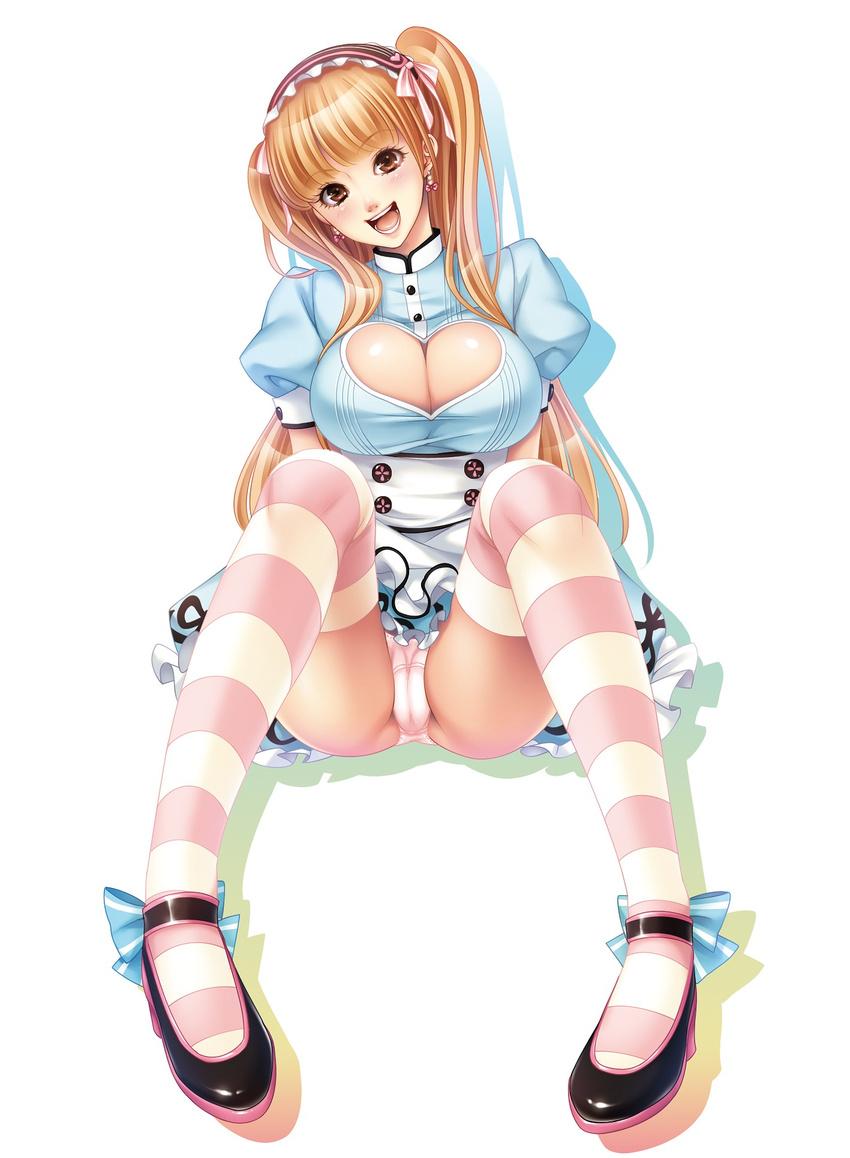 bad_id bad_pixiv_id blonde_hair breasts brown_eyes cameltoe cleavage_cutout earrings heart heart_cutout highres jewelry large_breasts legs long_hair maid_headdress momoi_komomo open_mouth original panties pink_panties shoes skirt smile solo striped striped_legwear thighhighs twintails underwear