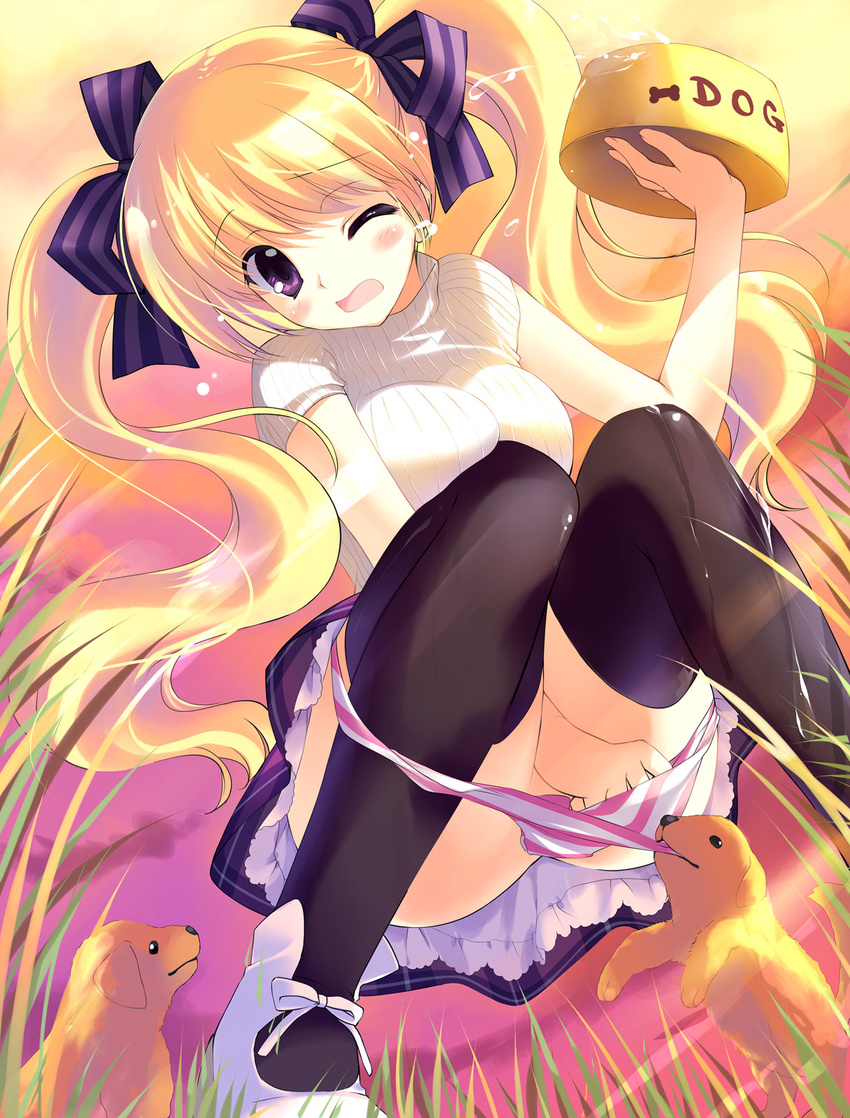 black_legwear blonde_hair bow bowl breast_press breasts dog hair_ribbon highres long_hair medium_breasts one_eye_closed open_mouth original panties panty_pull pet_bowl puppy purple_eyes rei_(rei's_room) ribbed_sweater ribbon shoes solo spill striped striped_panties sweater thighhighs twintails underwear very_long_hair wince