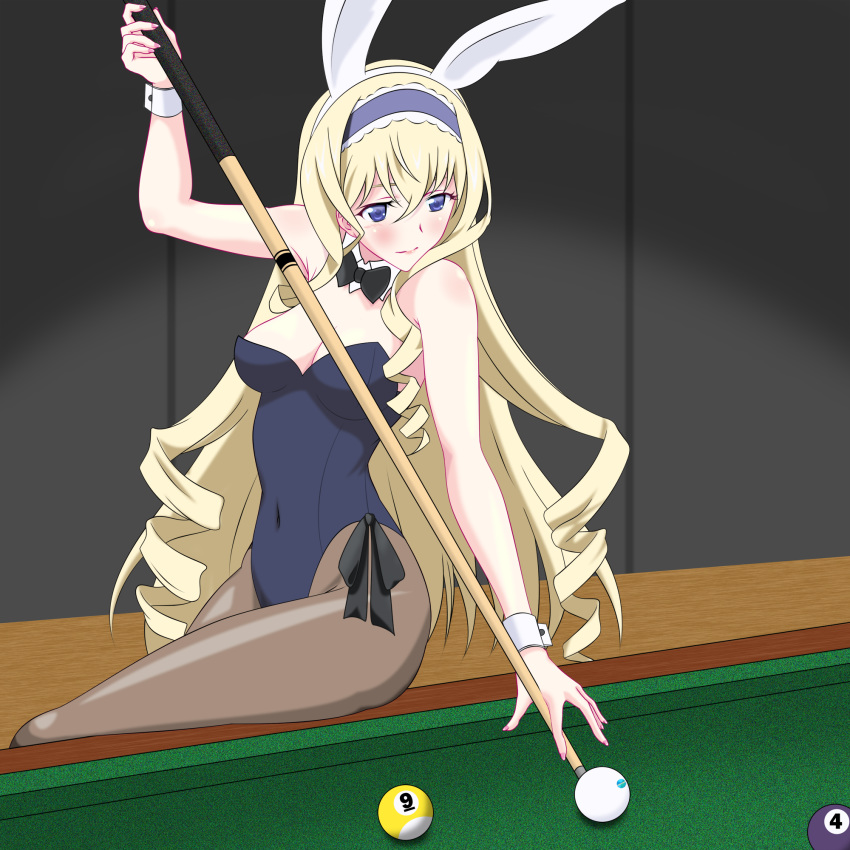 1girl animal_ears blonde_hair blue_eyes blue_hairband blush breasts bunny_ears bunny_girl bunnysuit cecilia_alcott cue_stick detached_collar drill_hair hairband highres infinite_stratos long_hair maruze_circus pantyhose pool_table solo wrist_cuffs