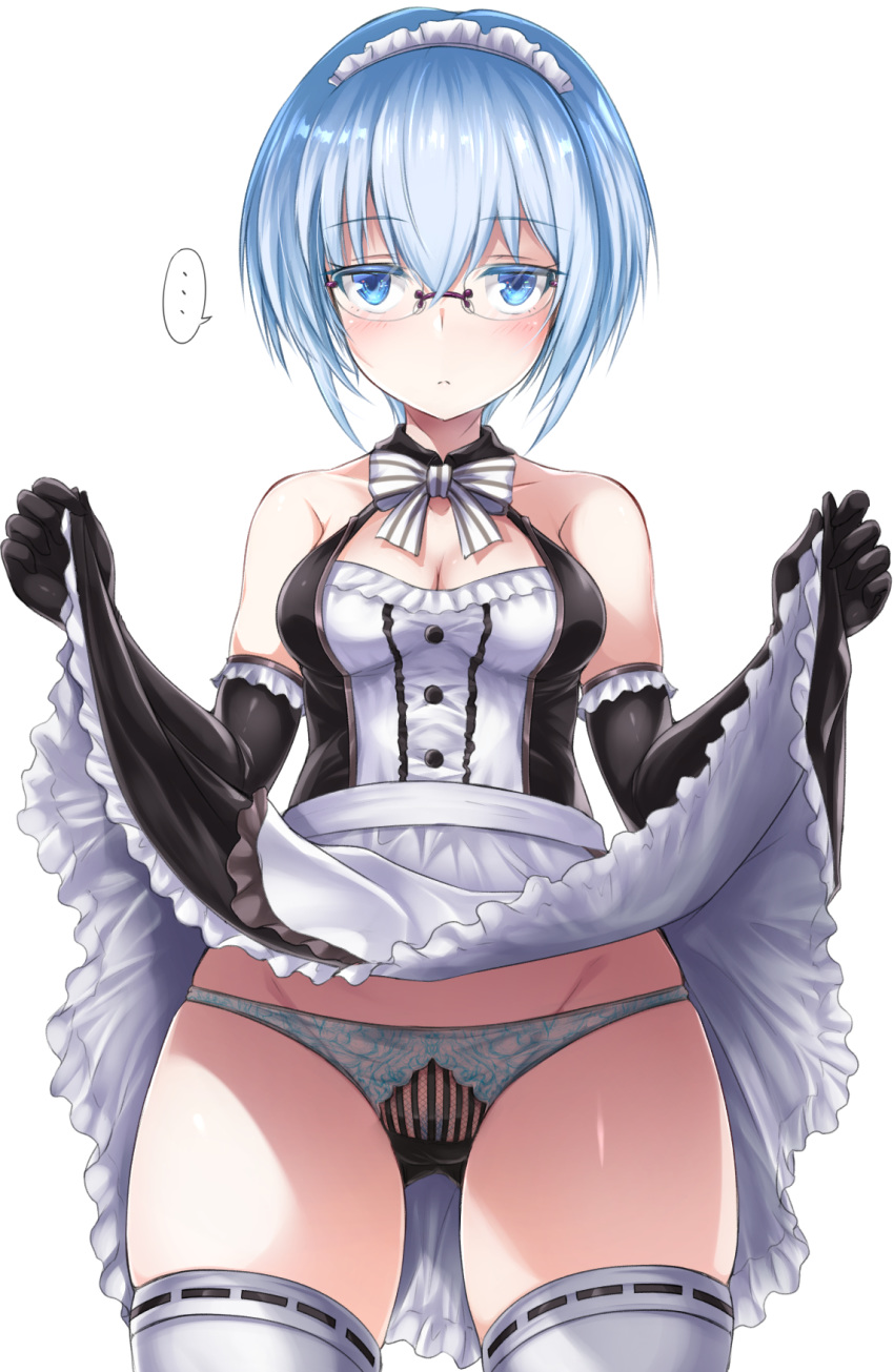 ... 1girl apron bangs bare_shoulders black_dress black_gloves black_panties blue_eyes blue_hair blush bow bowtie breasts buttons cleavage closed_mouth collarbone cowboy_shot dress elbow_gloves eyebrows_visible_through_hair eyelashes flashing frilled_apron frilled_dress frilled_gloves frills glasses gloves gluteal_fold groin hair_between_eyes hands_up highres legs_apart lifted_by_self looking_at_viewer maid maid_apron maid_headdress medium_breasts original panties pantyshot pantyshot_(standing) pubic_hair pubic_hair_peek ribbon-trimmed_legwear ribbon_trim rimless_eyewear shimo_(depthbomb) short_dress short_hair simple_background skirt skirt_hold skirt_lift sleeveless sleeveless_dress solo spoken_ellipsis standing striped striped_neckwear thighhighs underwear upskirt waist_apron white_apron white_background white_legwear