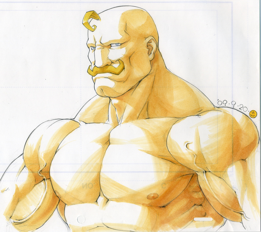 alex_louis_armstrong blonde_hair blue_eyes facial_hair fullmetal_alchemist gorigo highres male_focus marker_(medium) muscle mustache solo traditional_media