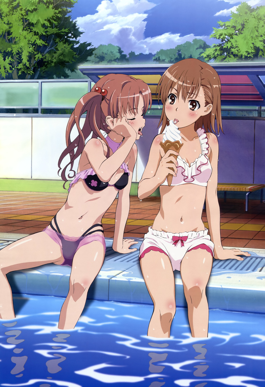 :p absurdres adjusting_hair bare_shoulders bikini bikini_shorts blush bow brown_eyes brown_hair closed_eyes cloud day drain_(object) flat_chest food hair_bobbles hair_ornament hair_tucking highres ice_cream ice_cream_cone licking long_hair misaka_mikoto multiple_girls navel nyantype official_art open_mouth outdoors pool poolside refraction scan see-through sexually_suggestive shirai_kuroko short_hair shorts sitting sky soaking_feet soft_serve swimsuit to_aru_kagaku_no_railgun to_aru_majutsu_no_index tongue tongue_out torii_takashi tree twintails water wet wet_hair