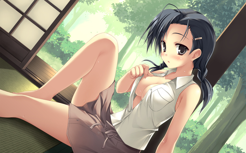 black_hair blush breasts cleavage haruka_na_sora highres kuranaga_kozue large_breasts no_bra open_clothes open_shirt shirt sitting skirt solo sweat tateha_(marvelous_grace) unbuttoned undressing vest wallpaper yosuga_no_sora