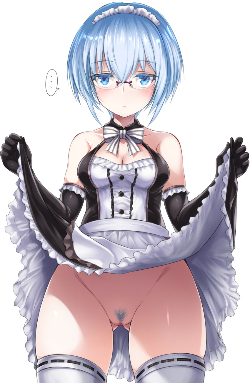 ... 1girl apron bangs bare_shoulders black_dress black_gloves blue_eyes blue_hair blue_pubic_hair blush bow bowtie breasts buttons censored cleavage closed_mouth collarbone colored_pubic_hair cowboy_shot dress elbow_gloves eyebrows_visible_through_hair eyelashes flashing frilled_apron frilled_dress frilled_gloves frills glasses gloves gluteal_fold groin hair_between_eyes hands_up highres legs_apart lifted_by_self looking_at_viewer maid maid_apron maid_headdress medium_breasts mosaic_censoring original pubic_hair pussy ribbon-trimmed_legwear ribbon_trim rimless_eyewear shimo_(depthbomb) short_dress short_hair simple_background skirt skirt_hold skirt_lift sleeveless sleeveless_dress solo spoken_ellipsis standing striped striped_neckwear thighhighs waist_apron white_apron white_background white_legwear