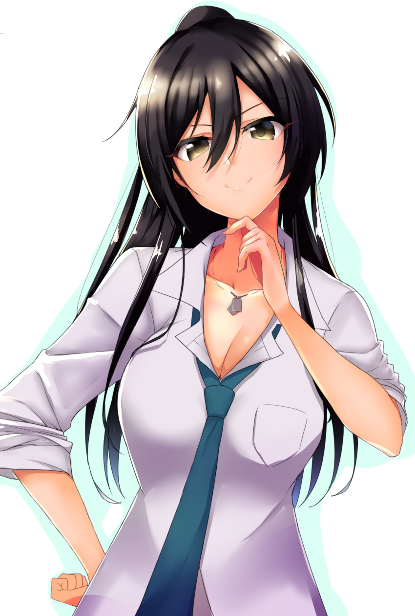 1girl bangs black_hair breasts cleavage closed_mouth collarbone collared_shirt commentary_request dog_tags dress_shirt finger_to_chin green_neckwear hair_between_eyes hand_on_hip high_ponytail highres idolmaster idolmaster_shiny_colors kon5283 large_breasts long_hair looking_at_viewer loose_necktie necktie ponytail school_uniform shirase_sakuya shirt sleeves_rolled_up smile white_shirt yellow_eyes