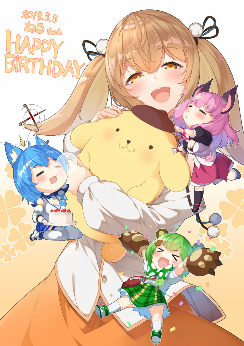 &gt;_&lt; 4girls :d afterimage animal_ear_fluff animal_ears animare arms_up bag bangs bear_ears bear_hair_ornament black_footwear black_legwear black_ribbon blue_hair blue_skirt blush boots bow breasts brown_eyes brown_hat cake center_frills chibi cleavage commentary_request confetti dated ear_piercing eyebrows_visible_through_hair eyes_closed food frills fruit gloves green_bow green_hair green_skirt hair_between_eyes hair_ornament hair_ribbon half-closed_eyes happy_birthday hat head_tilt heart highres hinokuma_ran holding holding_plate inaba_haneru_(animare) kiseru kneehighs kokka_han large_breasts light_brown_hair long_hair multiple_girls nose_bubble object_hug open_mouth orange_skirt paw_gloves paws piercing pink_hair pipe plaid plaid_skirt plate pleated_skirt polka_dot polka_dot_bow puffy_short_sleeves puffy_sleeves red_skirt ribbon shirt short_sleeves shoulder_bag sitting skirt sleeping sleeveless sleeveless_shirt smile souya_ichika strawberry stuffed_animal stuffed_dog stuffed_toy suspender_skirt suspenders thighhighs twintails umori_hinako v-shaped_eyebrows virtual_youtuber wariza white_footwear white_legwear white_shirt xd