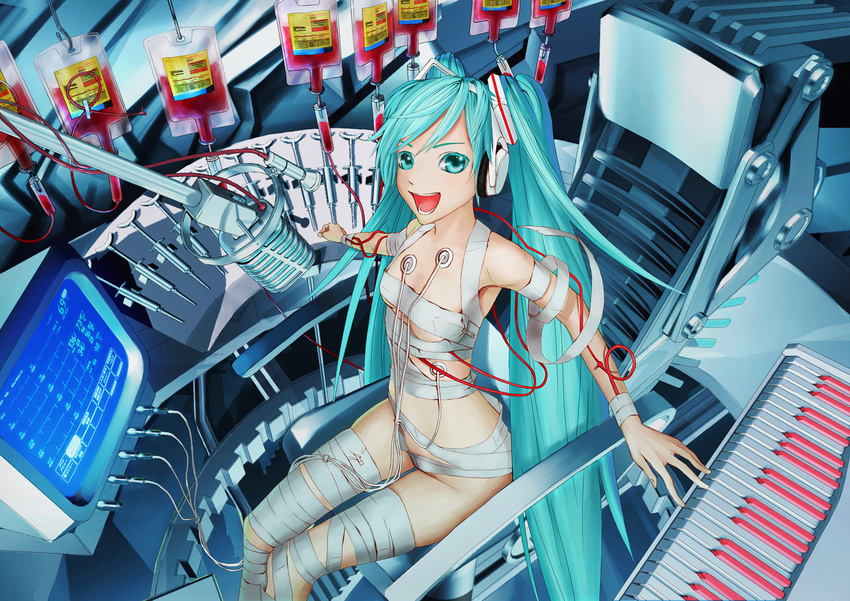 :d aqua_eyes aqua_hair armpits bad_id bad_pixiv_id bandaged_arm bandaged_leg bandages bangs blood breasts cable cardiogram chair colored_eyelashes computer electrodes from_above from_side groin happy hatsune_miku headphones highres instrument intravenous_drip keyboard_(instrument) long_hair looking_at_viewer microphone midriff monitor naked_bandage nellson open_mouth sitting small_breasts smile solo studio_microphone swept_bangs syringe thigh_gap twintails underboob very_long_hair vocaloid