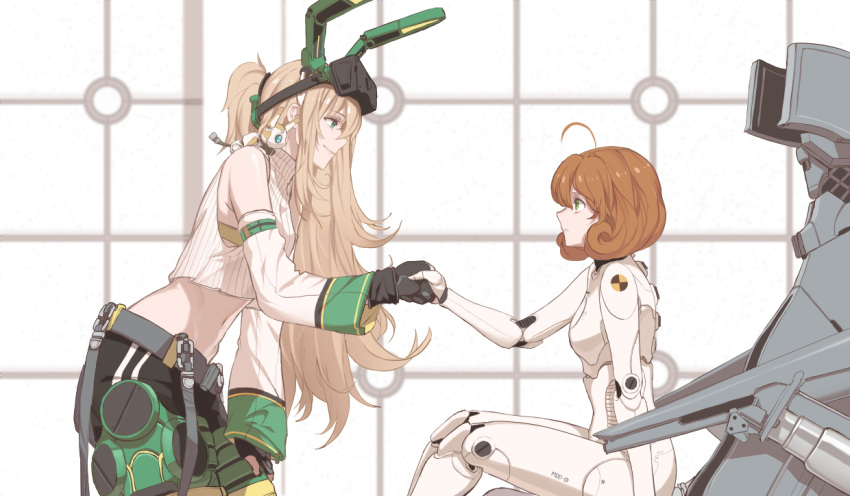 2girls ahoge android animal_ears black_gloves blonde_hair breasts bunny_ears cameron_maccloud commentary company_connection crossover curly_hair dishwasher1910 english_commentary fingerless_gloves freckles gen_lock gloves green_eyes hand_on_own_knee handshake long_hair medium_breasts multiple_girls orange_hair penny_polendina ponytail robot robot_ears robot_joints rwby short_hair smile tagme thighhighs